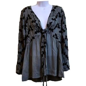 Johnny Was Top XS Gray Black Tonal Floral Embroidery Tie Front Flowy Fairycore